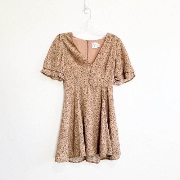 🦋 PRINCESS POLLY Brown Printed Mini Dress Boho 2 Casual Everyday Cute Animal - Picture 1 of 4